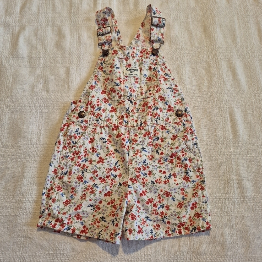 Oshkosh B'Gosh girls size 4T white with red & blue flower overalls shorts VGUC
